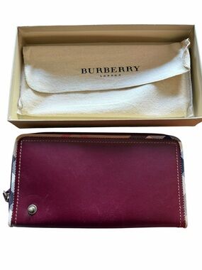 Burberry Wine Red Leather Zip Wallet with Signature Check Trim - New With Bix